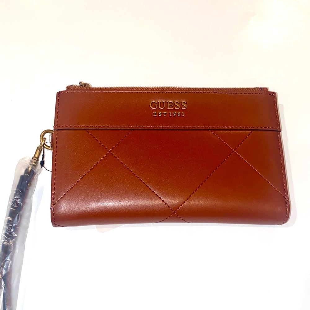 New Brown GUESS Wallet Clutch Pouch Bag Coin NWT Card Holder Whiskey Katey SLG